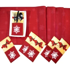 Discount Bestecktaschen 6 Stück & Tischläufer Schneeflocken Schleife – Tischset Weihnachten Deko Weihnachtsbaumdecken