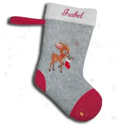 Hot Bestickter grauer Nikolausstiefel Stickmotiv Reh personalisierter Weihnachtsstiefel mit Namen flauschige Krempe Nikolausstiefel