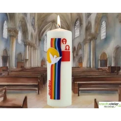 Osterkerzen|Kreativatelier A & V Bogen des Friedens – Handverzierte Osterkerze mit Taube, Regenbogen & Alpha/Omega, christliches Symbol für Frieden