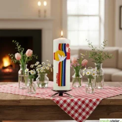 Osterkerzen|Kreativatelier A & V Bogen des Friedens – Handverzierte Osterkerze mit Taube, Regenbogen & Alpha/Omega, christliches Symbol für Frieden
