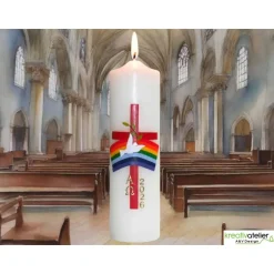 Osterkerzen|Kreativatelier A & V Bote des Friedens – Handverzierte christliche Osterkerze mit Taube, Regenbogen, rotem Kreuz & Alpha/Omega