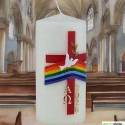 Osterkerzen|Kreativatelier A & V Bote des Friedens – Handverzierte christliche Osterkerze mit Taube, Regenbogen, rotem Kreuz & Alpha/Omega