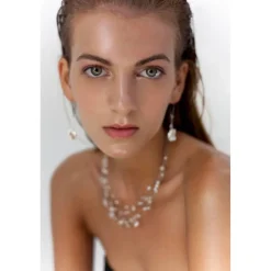 Brautschmuck Schmuckset zur Hochzeit, Perlenkette schwebende Perlen mit Armreif ud Ohrringen Brautschmuck