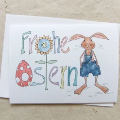bunte Karte, FROHE OSTERN und Hase in Latzhose, Klappkarte DinA 6, mit Umschlag. Osterkarten