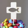 Best Caketopper für Muffins Kreuz mit Fisch Ichtys aus Holz Dekoration