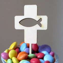 Best Caketopper für Muffins Kreuz mit Fisch Ichtys aus Holz Dekoration