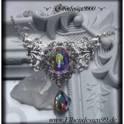 Brautschmuck|Elbendesign99 Collier mit irisierenden Strasssteinen als Brautgeschenk, für Brautjunfern, Halskette mit großem Cabochon, Choker