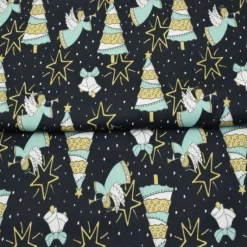 Discount Dekostoff Weihnachtsengel Sterne Meterware schwarz weiß ocker türkis – Taschenstoff & Möbelstoff aus Baumwolle, made in EU Weihnachtsstoffe