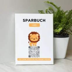 Clearance Digitales Sparbuch | Personalisiertes Geldgeschenk | QrCode Bild auf Leinwand 20x30cm | Motiv Löwe Geldgeschenke