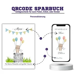 Sale Digitales Sparbuch | Personalisiertes Geldgeschenk | QrCode Postkarte DIN A6 inkl. Briefumschlag und Anhänger | Teddy Geldgeschenke