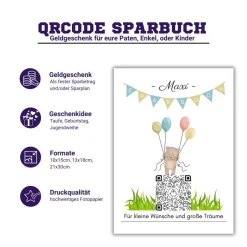 Sale Digitales Sparbuch | Personalisiertes Geldgeschenk | QrCode Postkarte DIN A6 inkl. Briefumschlag und Anhänger | Teddy Geldgeschenke