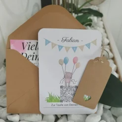 Sale Digitales Sparbuch | Personalisiertes Geldgeschenk | QrCode Postkarte DIN A6 inkl. Briefumschlag und Anhänger | Teddy Geldgeschenke