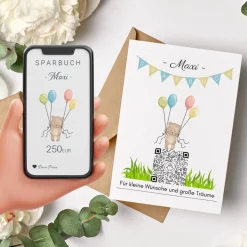 Sale Digitales Sparbuch | Personalisiertes Geldgeschenk | QrCode Postkarte DIN A6 inkl. Briefumschlag und Anhänger | Teddy Geldgeschenke