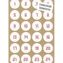 Online DIY Adventskalender Aufkleber Zahlen gestickte Optik Herz rund 24 Stück selbstgemacht Adventskalenderzahlen