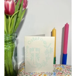 Outlet Edle Osterkarte "Frohe Ostern" | Kreuz im Blütenkranz | Handgefertigt in Grün oder Creme Osterkarten