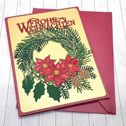 Clearance Edle Weihnachtskarte Weihnachtsstern-Kranz A6 mit rotem Umschlag & Perlmuttschimmer Weihnachtskarten