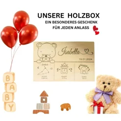 Discount Eine personalisierte Baby-Erinnerungskiste mit einem niedlichen Teddybären – das ideale Holzgeschenk zur Geburt. Dekoration