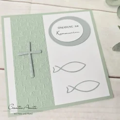 Hot Einladung Einladungskarte zur Kommunion, Konfirmation oder Taufe in Eukalypthus-Silber matt - Christlich Einladungskarten