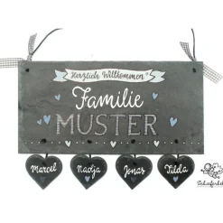 New einzigartiges Willkommensschild aus Schiefer für Familien mit Name personalisiert, individuelles Geschenk zur Hochzeit, wetterfestes Schieferschild mit Herzanhänger Gastgeschenke