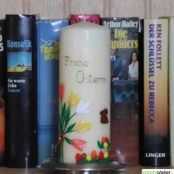 Hot Elfenbeinfarbige Osterkerze mit Tulpen, Osternest und Häschen, personalisierbar, Ostergeschenk, Osterdeko, Ostergruß Osterkerzen