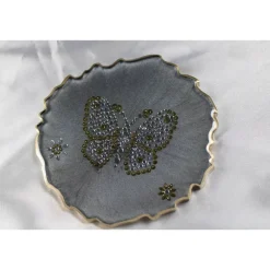 Tischdekoration|CM Resin Design 4er Set Coaster Untersetzer mit Schmetterlingen aus Resin - silber grau - Goldrand - Tischdekoration