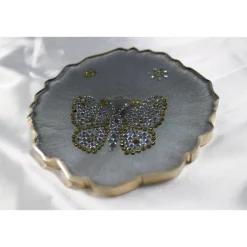 Tischdekoration|CM Resin Design 4er Set Coaster Untersetzer mit Schmetterlingen aus Resin - silber grau - Goldrand - Tischdekoration