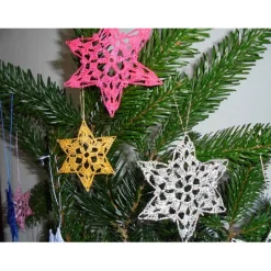 Baumschmuck|akkis-flinke-nadeln 5er Set gehäkelte Weihnachtssterne silber-glänzend – Handgemachte Baumdeko & Christbaumschmuck