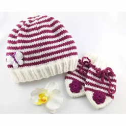 Best Erstlingsset  Baby Mütze und Handschuhe  weiss/beerefarben gestreift Geschenke