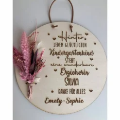 Best Erzieher / in, Lehrer / in Geschenk zum Abschied Holzscheibe personalisierbar - mit Trockenblumen Kinder Glückwunschkarten