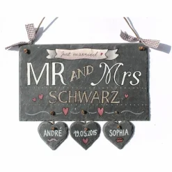 Gastgeschenke|DeinUnikat exklusives Hochzeitsgeschenk Türschild aus Schiefer mit Name personalisiert, geniale Geschenkidee Hochzeit, liebevoll handgemalt, Schieferschild für Paare, wetterfest & individuell