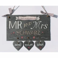 Gastgeschenke|DeinUnikat exklusives Hochzeitsgeschenk Türschild aus Schiefer mit Name personalisiert, geniale Geschenkidee Hochzeit, liebevoll handgemalt, Schieferschild für Paare, wetterfest & individuell