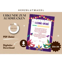 Deko|Herzblutmaedl Faschingsurkunde für den Kinderfasching als Mitgebsel | Urkunde Fasching | A4 | Urkunden ausdrucken | Kinderparty |