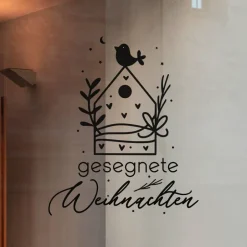Sticker & Aufkleber|frickelfrieda Fensterdeko Schriftzug gesegnete Weihnachten Fensterbild Weihnachtsdekoration Häuschen Vogel 2 Farben 3 Größen