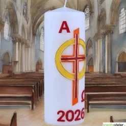 Best Feuer des Glaubens – christliche Osterkerze mit Kreuz & goldgelbem Sonnenring, handverzierte Echtwachskunst Osterkerzen