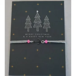 Weihnachtskarten|UtosaDesign Filigran geknüpftes Armband in Grau mit Anker-Element in Silber, Glasschliffperlen in Rosa, Weihnachtskarte