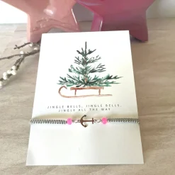 Weihnachtsgeschenke|UtosaDesign Filigran geknüpftes Armband in Grau mit Anker-Element in Silber, Glasschliffperlen in Rose, Weihnachtskarte