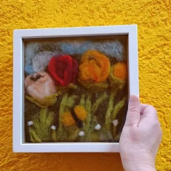 Hot Filzkunst, Filzblumen, Osterbild, gefilzt im 3-D- Bilderrahmen Kunst