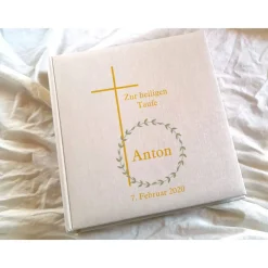 Hot Fotoalbum echtes Leinen personalisierbar Taufe Geburt Kreuz Greenery Gästebuch Fotoalbum & Gästebuch