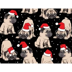 Clearance French Terry Stoff Weihnachtsmops mit Nikolausmütze – Sweat Meterware in Rot, Weiß, Beige, Schwarz – Öko-Tex Weihnachtsstoffe
