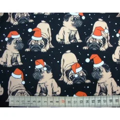 Clearance French Terry Stoff Weihnachtsmops mit Nikolausmütze – Sweat Meterware in Rot, Weiß, Beige, Schwarz – Öko-Tex Weihnachtsstoffe