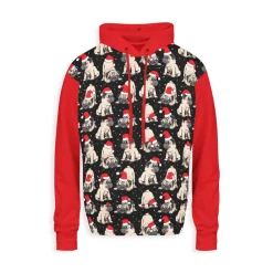Clearance French Terry Stoff Weihnachtsmops mit Nikolausmütze – Sweat Meterware in Rot, Weiß, Beige, Schwarz – Öko-Tex Weihnachtsstoffe