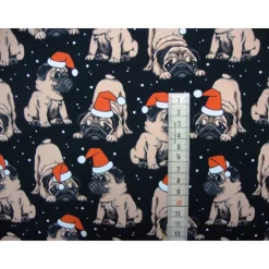 Clearance French Terry Stoff Weihnachtsmops mit Nikolausmütze – Sweat Meterware in Rot, Weiß, Beige, Schwarz – Öko-Tex Weihnachtsstoffe