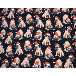 Clearance French Terry Stoff Weihnachtsmops mit Nikolausmütze – Sweat Meterware in Rot, Weiß, Beige, Schwarz – Öko-Tex Weihnachtsstoffe