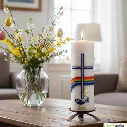 Sale Friede sei mit Euch – Christliche Osterkerze handverziert mit Fisch, Kreuz, Regenbogen & Alpha/Omega Osterkerzen