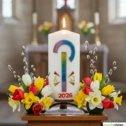 Osterkerzen|Kreativatelier A & V Friedenslicht Christi – Osterkerze handverziert mit Pax-Zeichen in Regenbogenfarben & Alpha/Omega