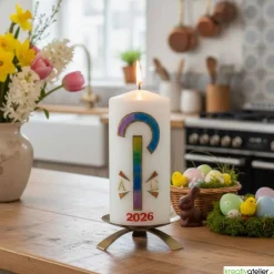 Osterkerzen|Kreativatelier A & V Friedenslicht Christi – Osterkerze handverziert mit Pax-Zeichen in Regenbogenfarben & Alpha/Omega