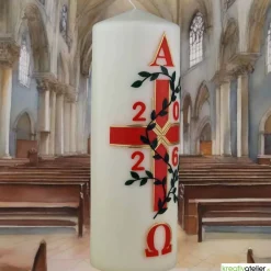 Clearance Garten des Lebens – Festliche Osterkerze handverziert mit Blumenranke, Kreuz & Alpha/Omega, christliche Echtwachskunst Osterkerzen