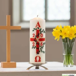 Clearance Garten des Lebens – Festliche Osterkerze handverziert mit Blumenranke, Kreuz & Alpha/Omega, christliche Echtwachskunst Osterkerzen
