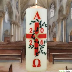 Clearance Garten des Lebens – Festliche Osterkerze handverziert mit Blumenranke, Kreuz & Alpha/Omega, christliche Echtwachskunst Osterkerzen