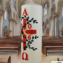Clearance Garten des Lebens – Festliche Osterkerze handverziert mit Blumenranke, Kreuz & Alpha/Omega, christliche Echtwachskunst Osterkerzen